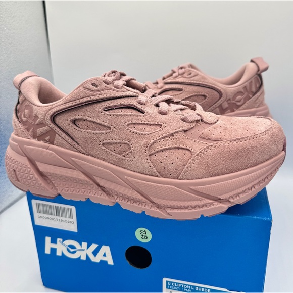 NWT Hoka Clifton Suede L Leather Pale Mauve Pink U Unisex Sneakers Shoes NEW - Picture 2 of 16